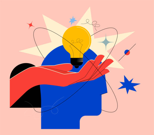Creative mind or brainstorm or creative idea concept with abstract human head silhouette and hand holding bulb lamp surrounded abstract geometric shapes in bright colors. Vector eps 10 illustration